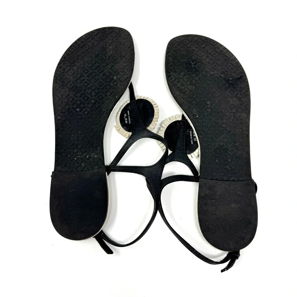 Tory Burch Miller Fringe Ankle Strap Sandals - Black & Off White
